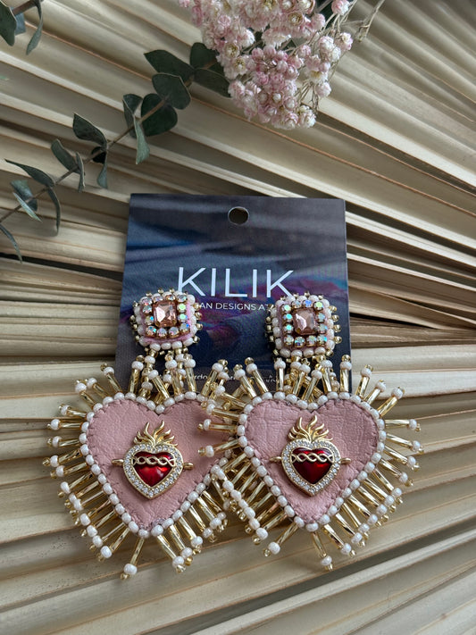 Beaded Sacred Heart Earrings - Dusty Pink