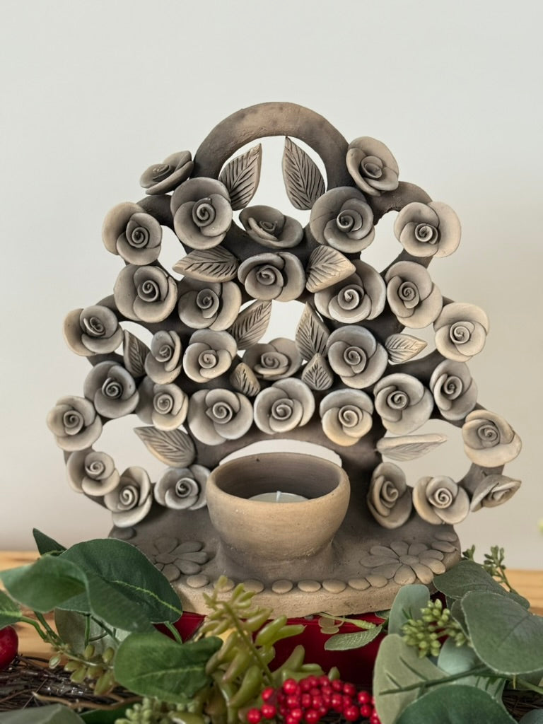 Large Handmade Intricate Clay Candleholder - Smoked