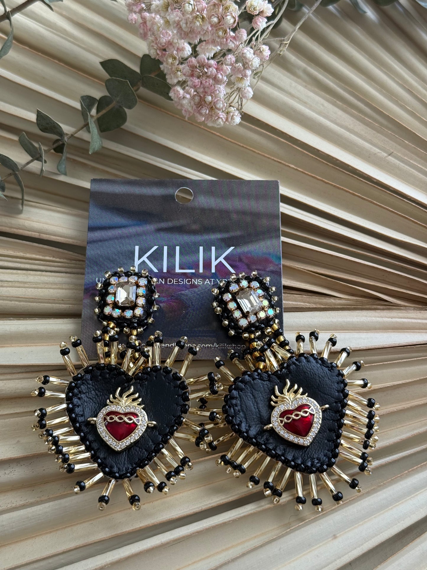 Beaded Sacred Heart Earrings - Black