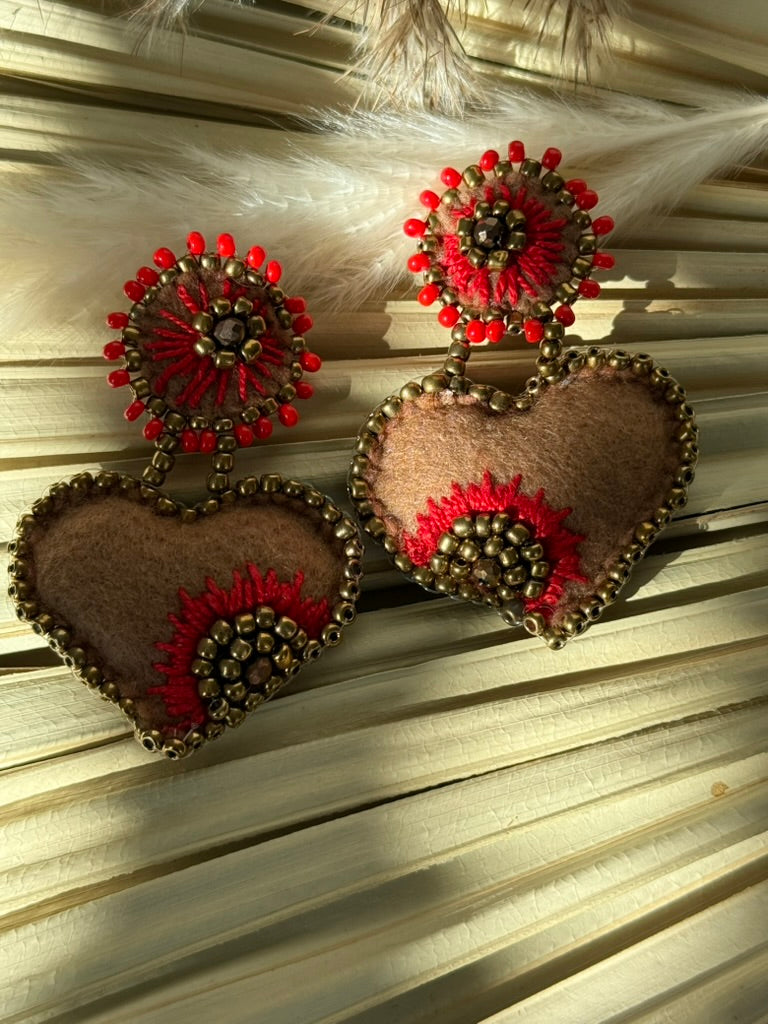Heart Shaped Earrings - Brown/Red