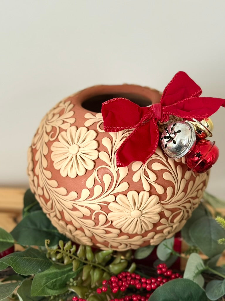 Allover Flower Design Intricate Clay Vase - No Neck