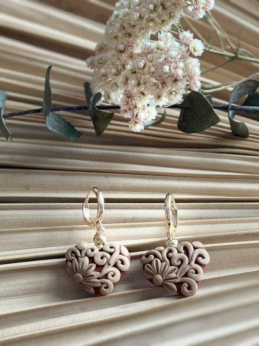 Clay Embroidered Heart Earrings