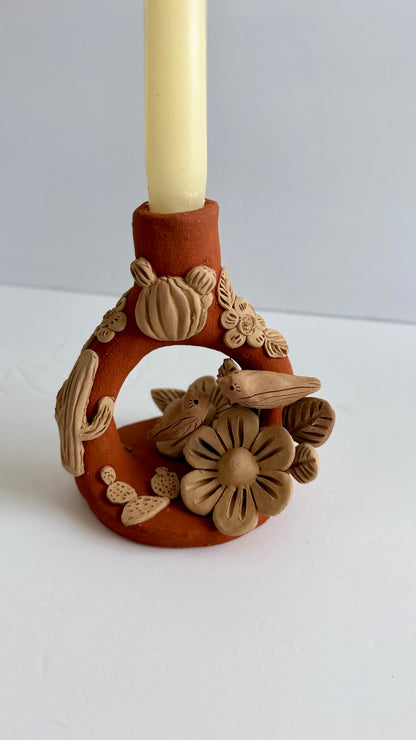 Handmade Clay Floral/Cactus Candleholder - Two Tone 2