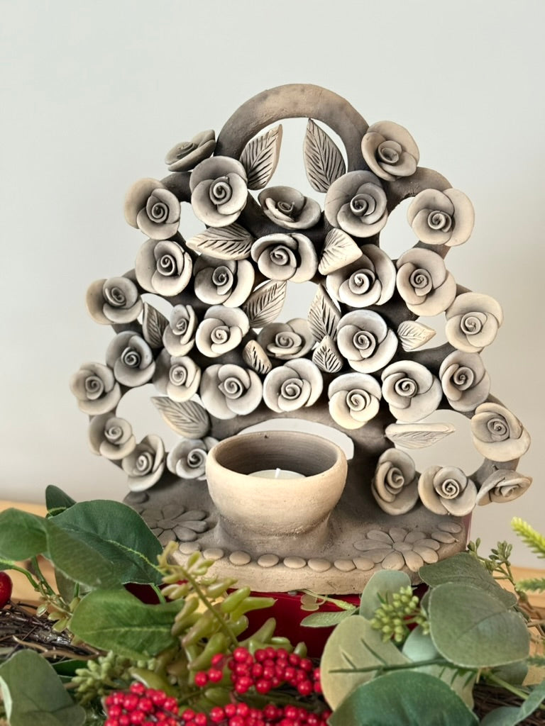 Large Handmade Intricate Clay Candleholder - Smoked