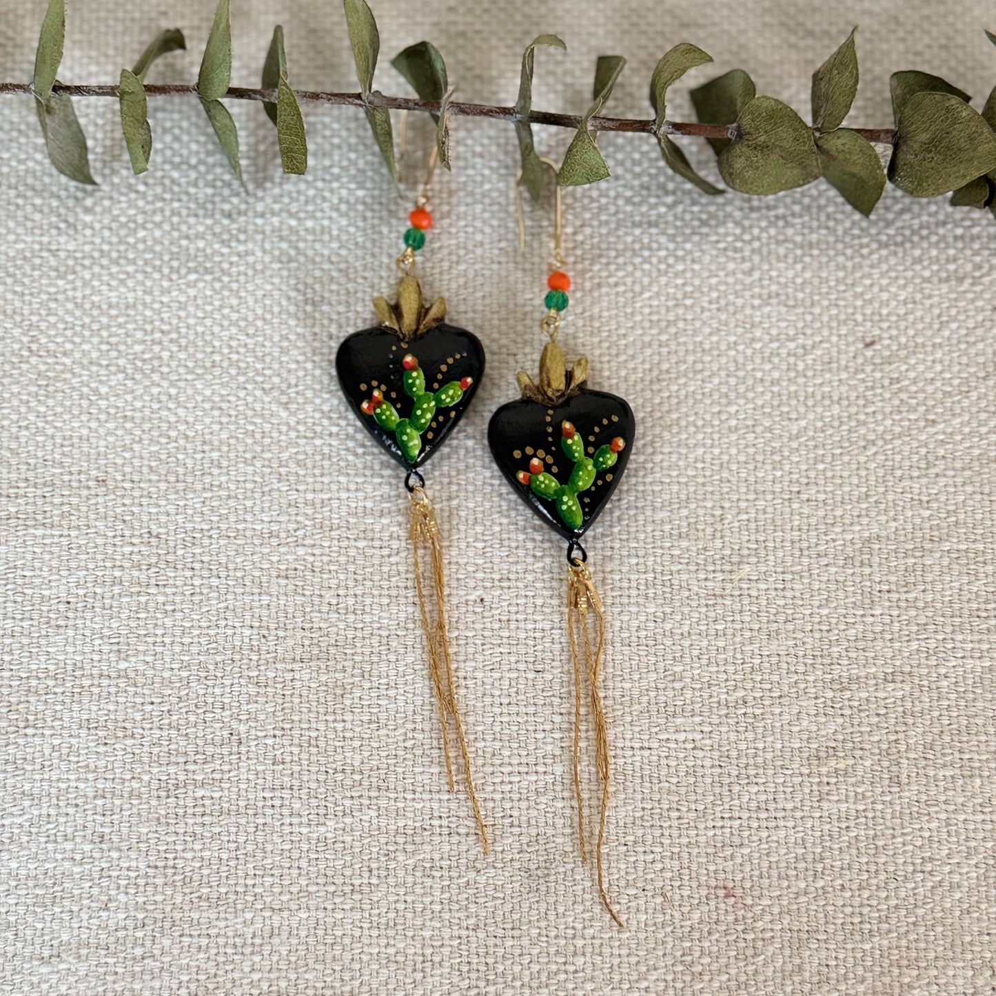 Black/Cactus Sacred Heart Long Earrings