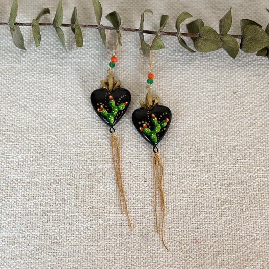 Black/Cactus Sacred Heart Long Earrings