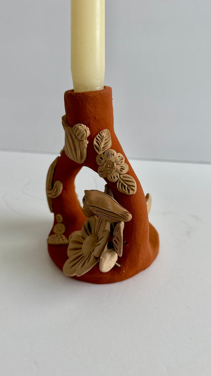 Handmade Clay Floral/Cactus Candleholder - Two Tone 2