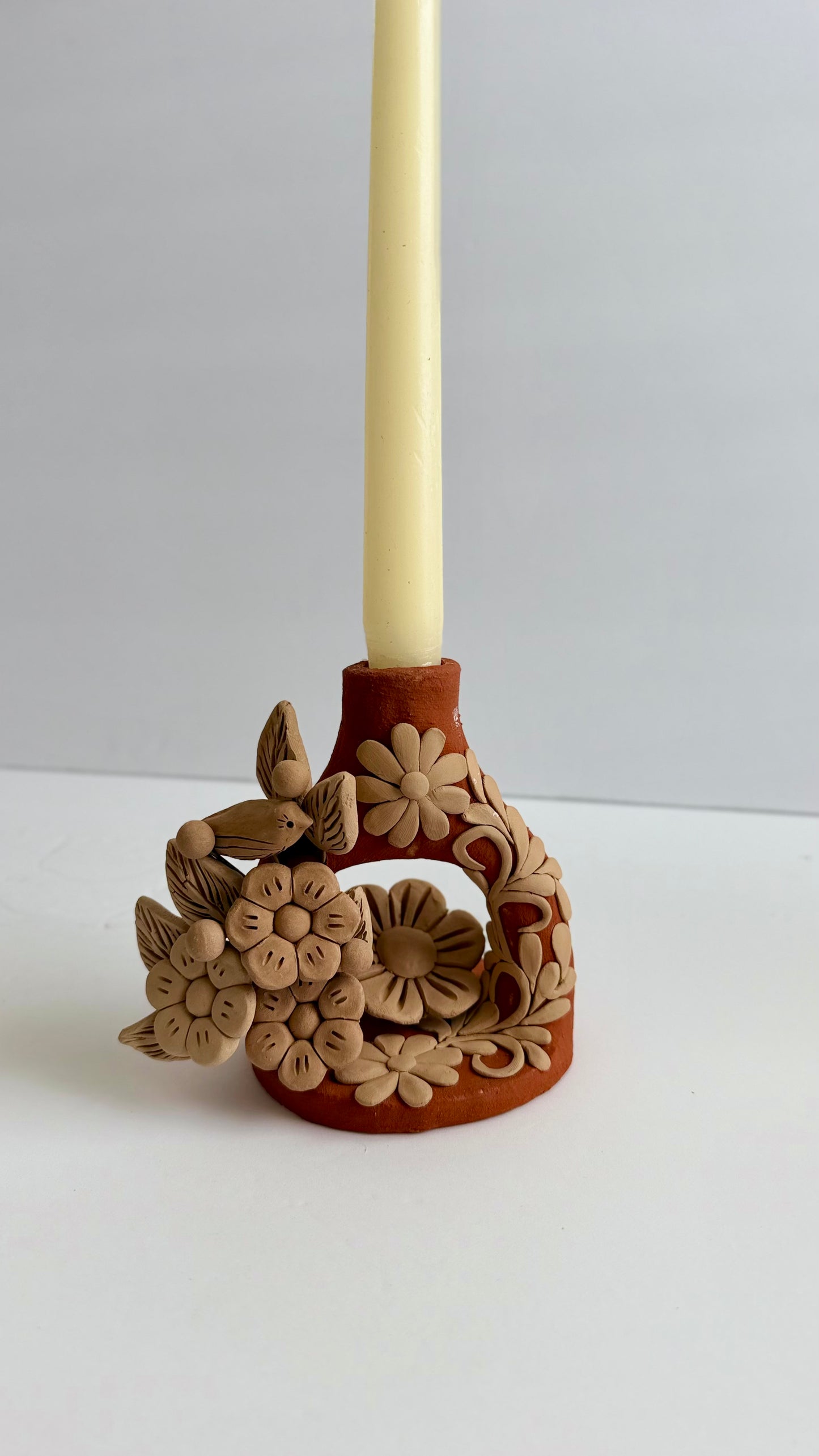 Handmade Clay Floral/Birds Candleholder - Two Tone