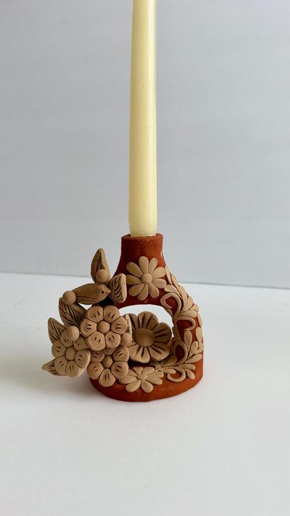 Handmade Clay Floral/Birds Candleholder - Two Tone