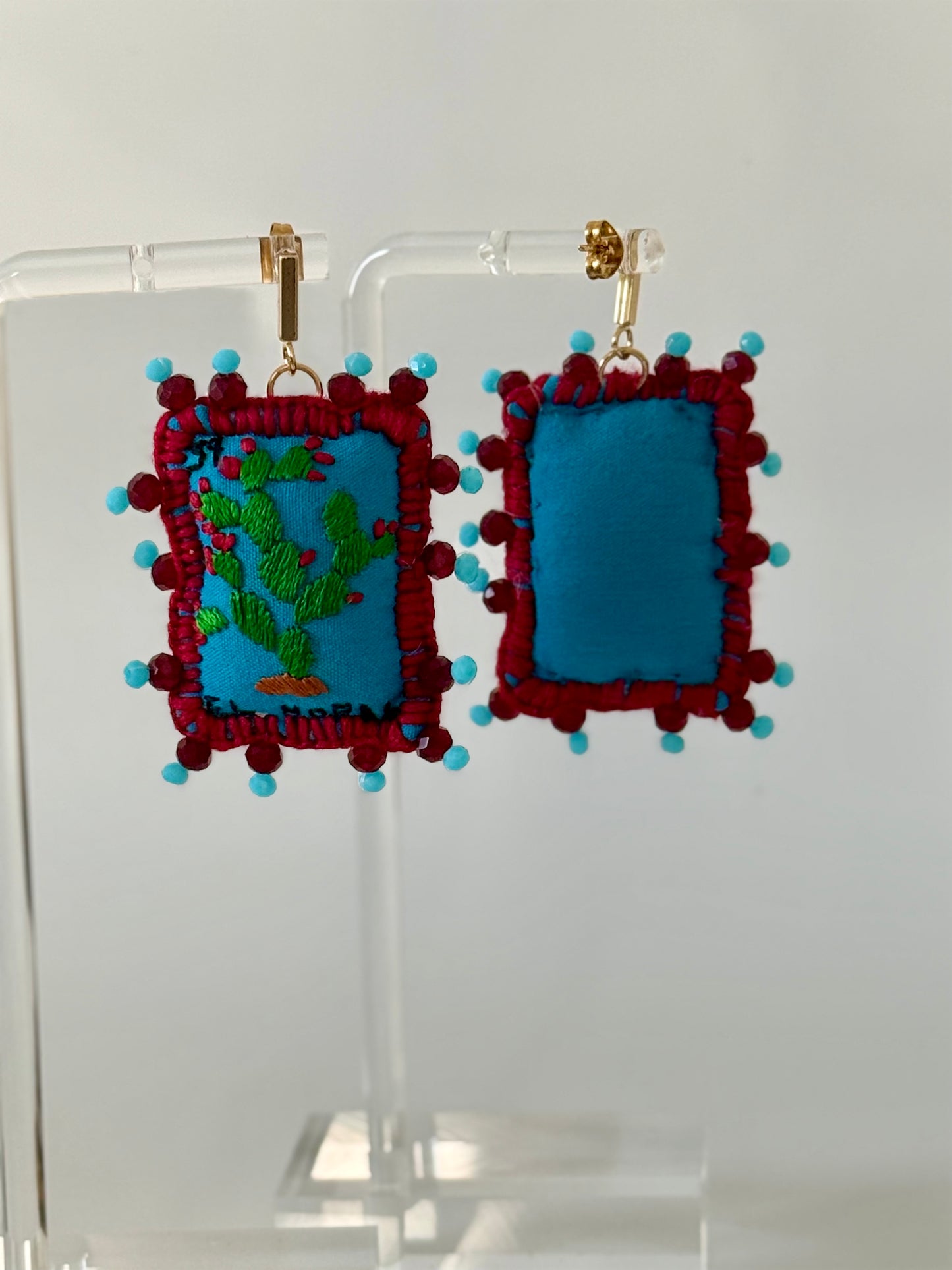 Blue/Red Loteria Earrings Nopal/Rosa