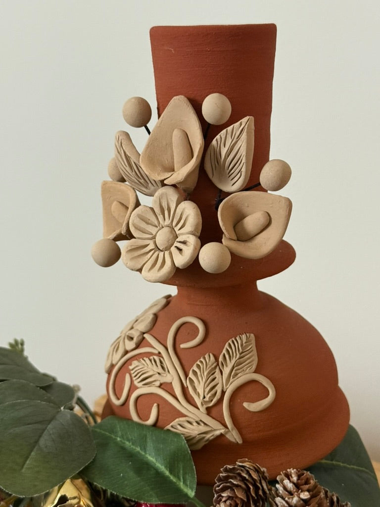 Red Clay Candleholder - Alcatraz 3D Flowers