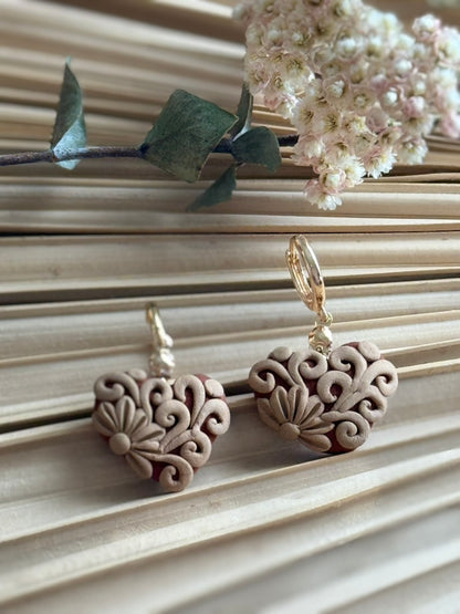 Clay Embroidered Heart Earrings