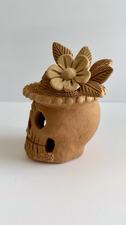 Embroidered/3D Flowers w/Hat Dia De Muertos Skull - Natural