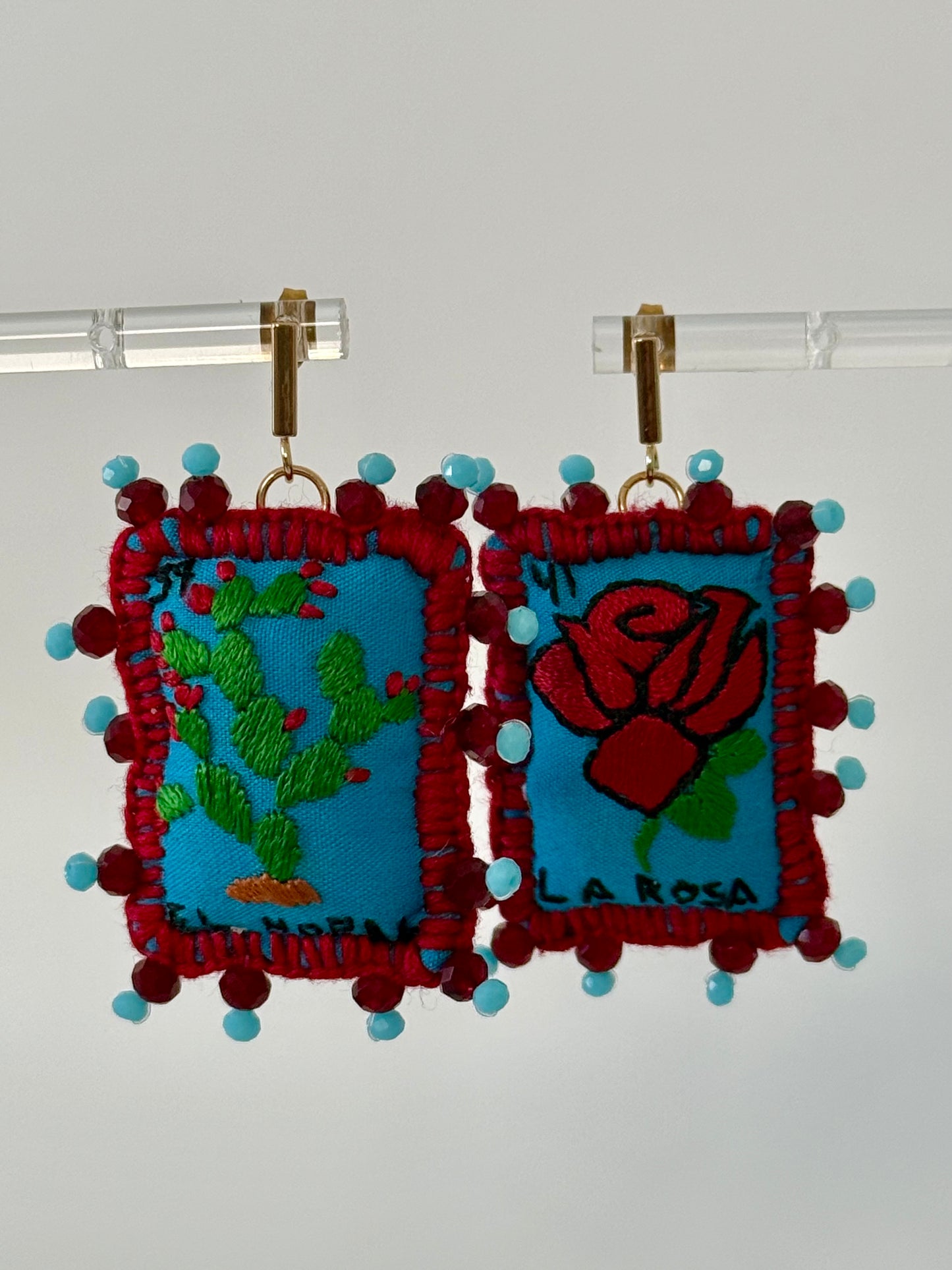 Blue/Red Loteria Earrings Nopal/Rosa