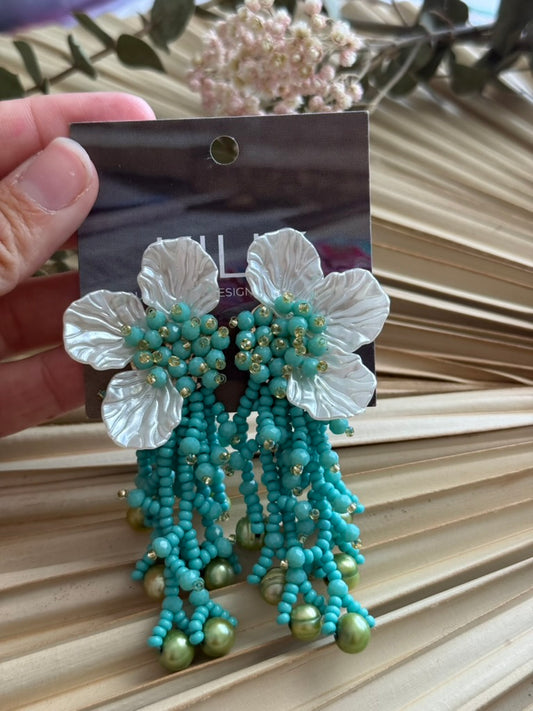 Beaded Turquoise w/White Earrings