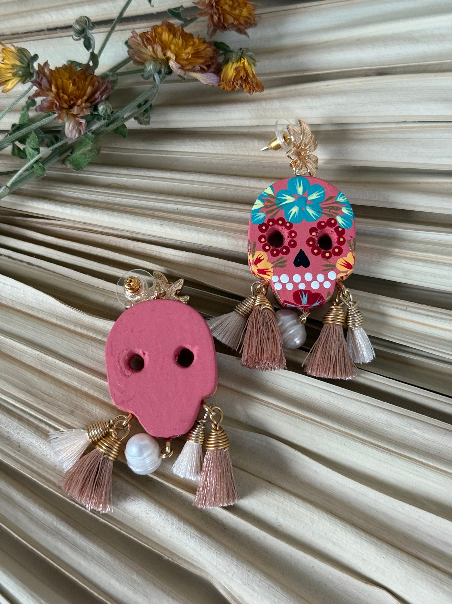 Wooden Catrina Earrings - Pink/Green