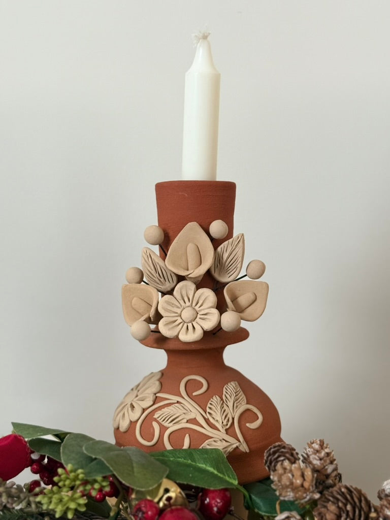 Red Clay Candleholder - Alcatraz 3D Flowers