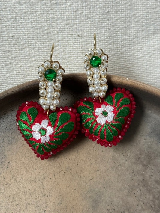 Hand Embroidered Heart Shaped Red/White/Green Earrings