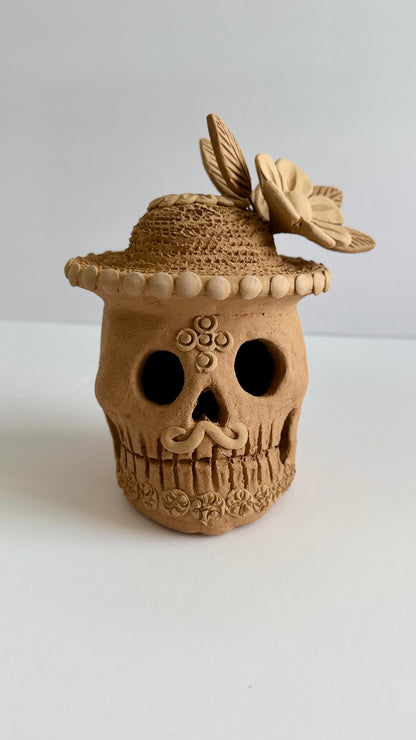 Embroidered/3D Flowers w/Hat Dia De Muertos Skull - Natural