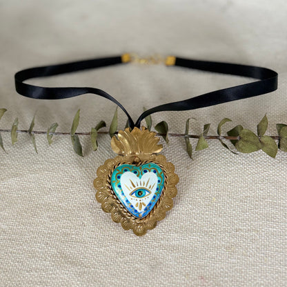 Evil Eye Heart Shaped Pendant - White/Blue