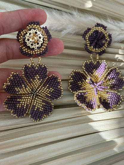 Mauve & Gold Floral Beaded Earrings