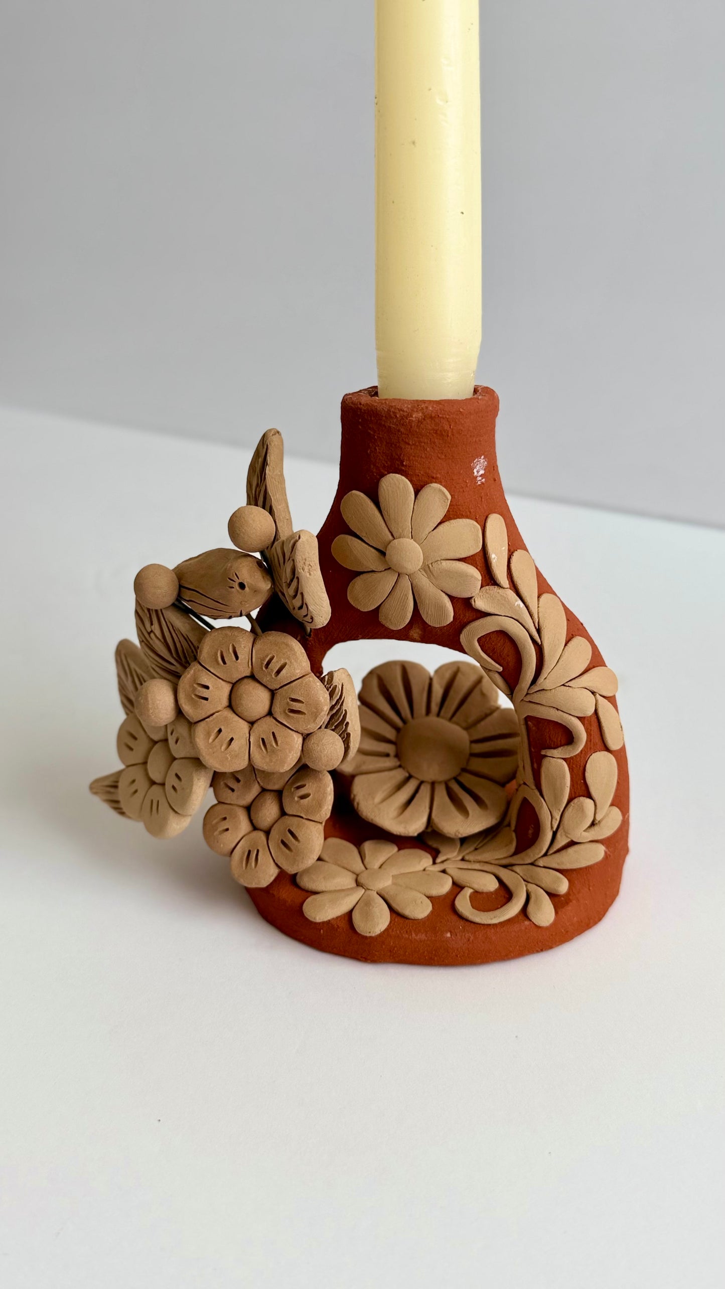 Handmade Clay Floral/Birds Candleholder - Two Tone