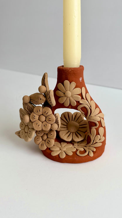 Handmade Clay Floral/Birds Candleholder - Two Tone