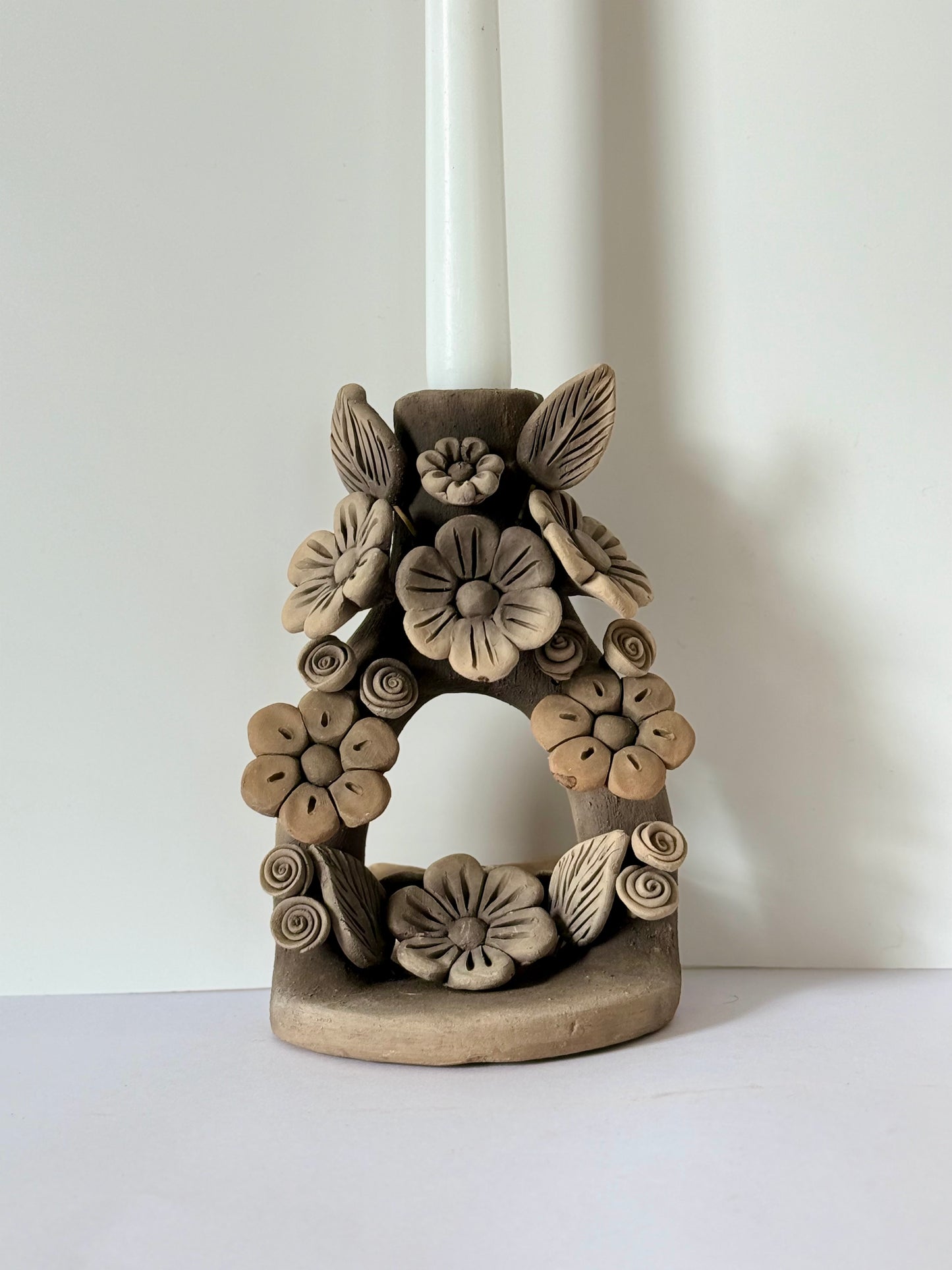 Handmade Clay Floral Candleholder - Smoked