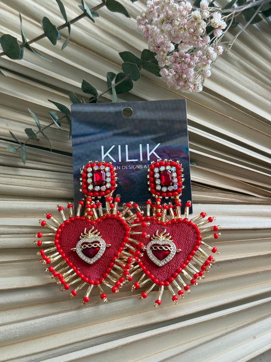 Beaded Sacred Heart Earrings - Red