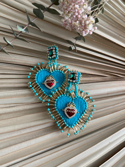 Beaded Sacred Heart Earrings - Teal