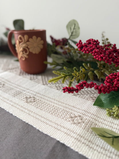 Handwoven Backstrap Loom Table Runner – White & Cream