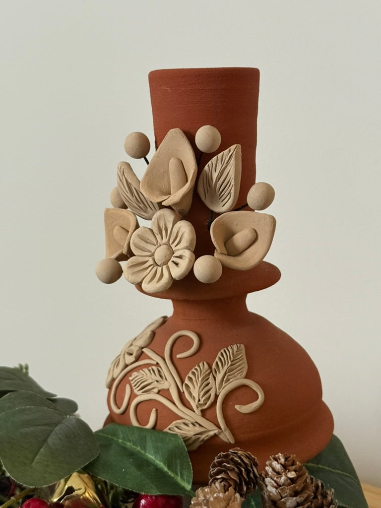 Red Clay Candleholder - Alcatraz 3D Flowers