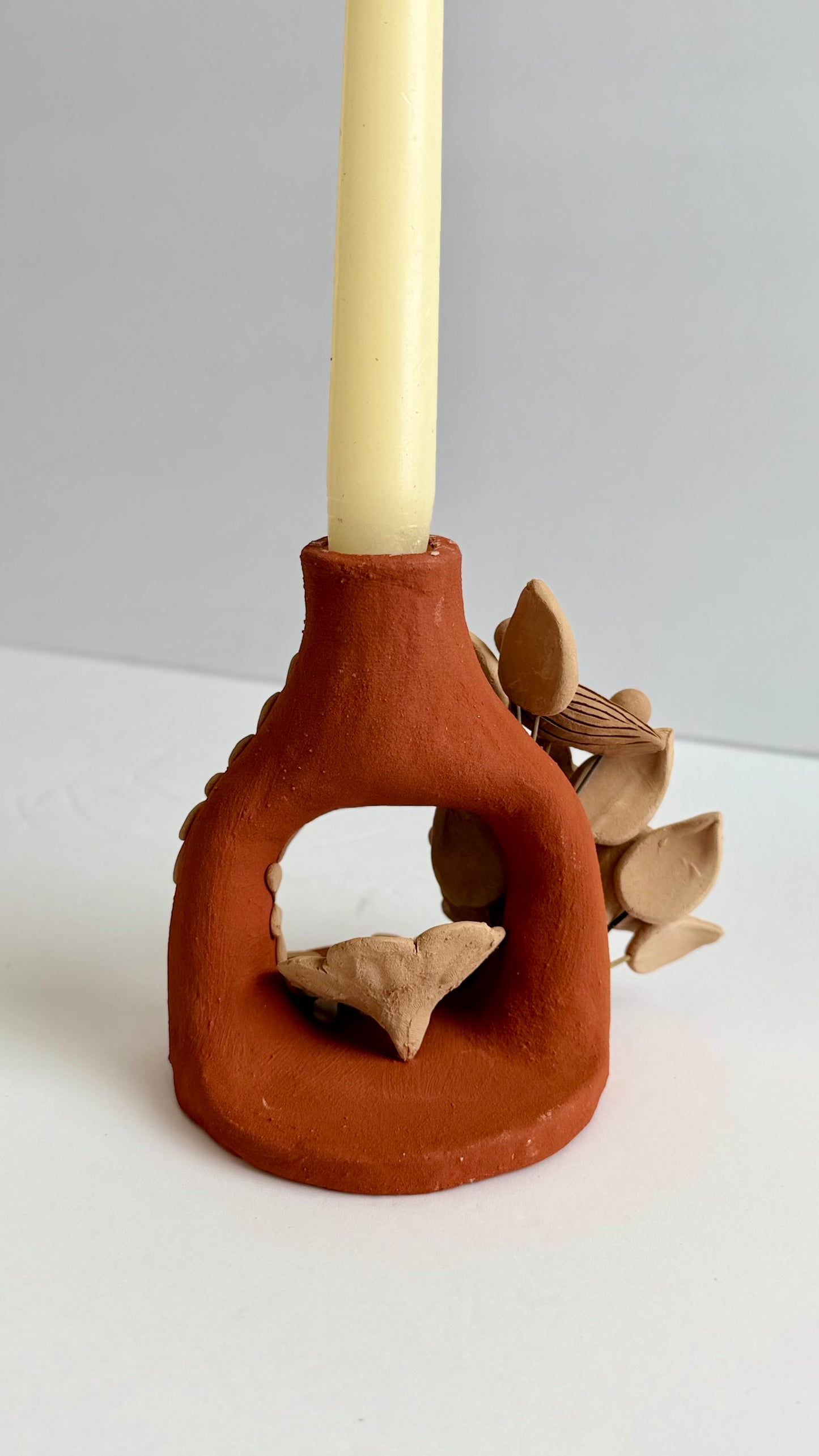 Handmade Clay Floral/Birds Candleholder - Two Tone