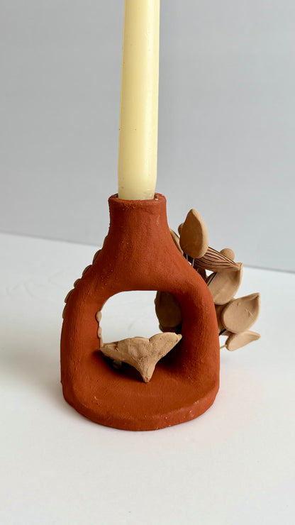 Handmade Clay Floral/Birds Candleholder - Two Tone