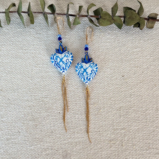 Blue Hummingbird Sacred Heart Long Earrings