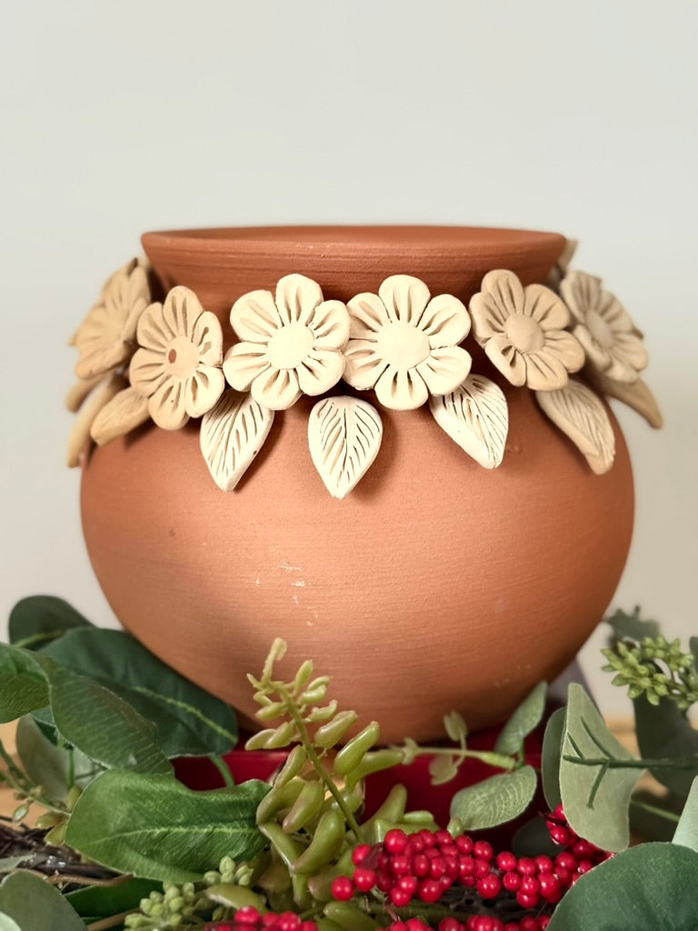 Intricate Clay Vase - 3D Flower Neck
