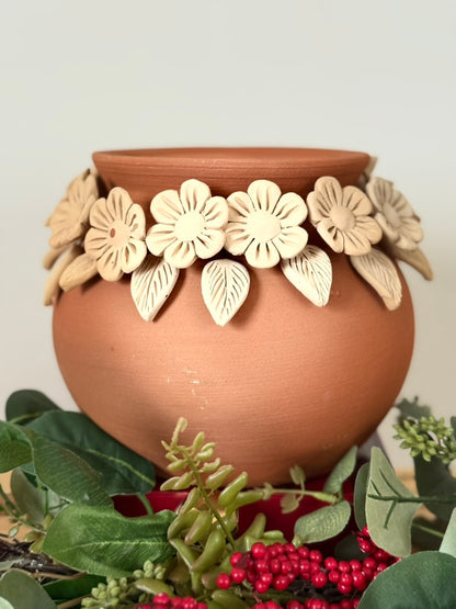 Intricate Clay Vase - 3D Flower Neck