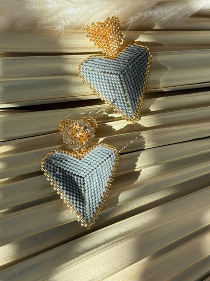 Grey/Gold Miyuki Beaded Heart Earrings
