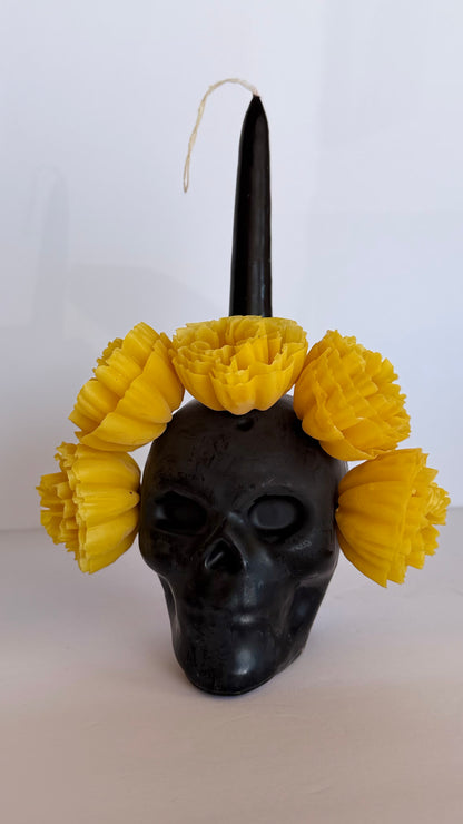 Handmade Beeswax Calavera Candle - Cempasuchil Yellow/Black