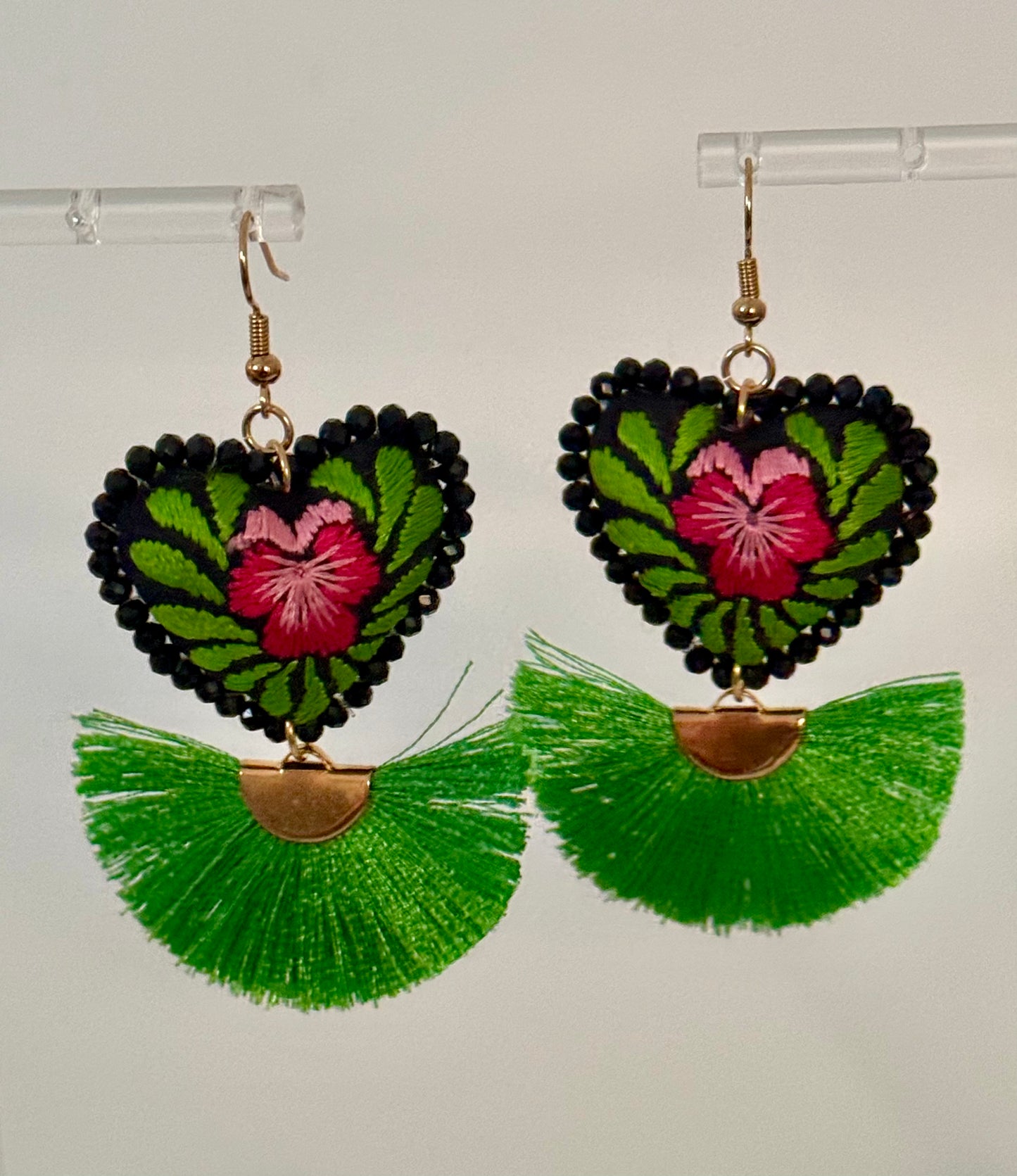 Green/Pink/Black Embroidered Fan Earrings
