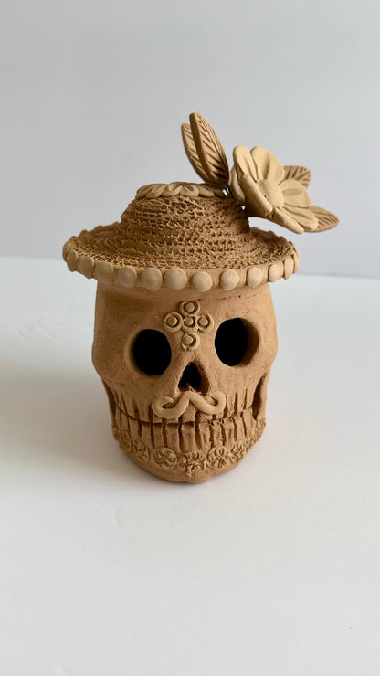 Embroidered/3D Flowers w/Hat Dia De Muertos Skull - Natural