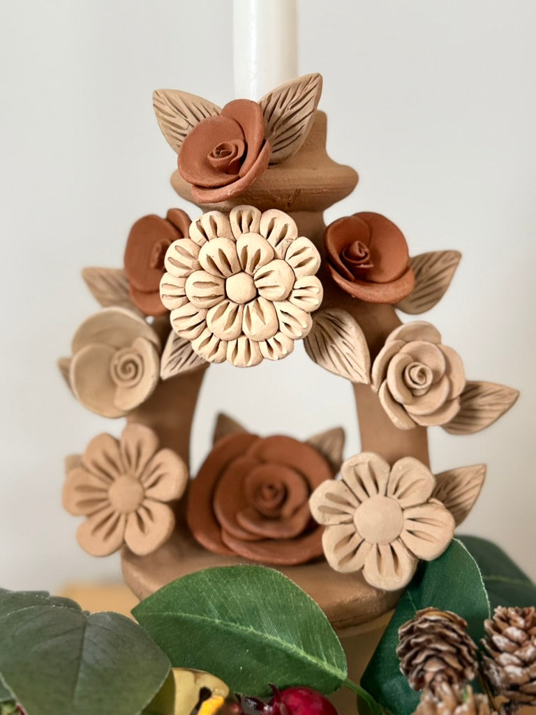 Handmade Clay Candleholder - 3D Flowers
