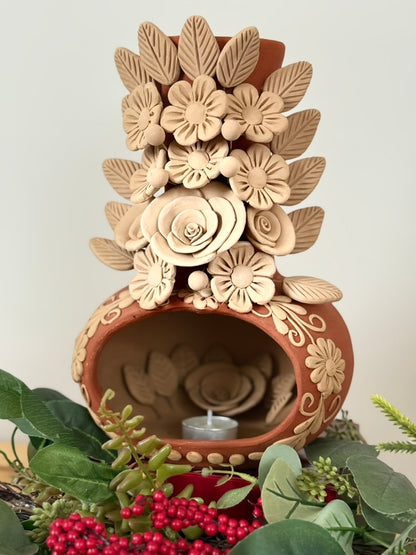 Handcrafted Clay Chimney Candle Holder with 3D Floral Detail