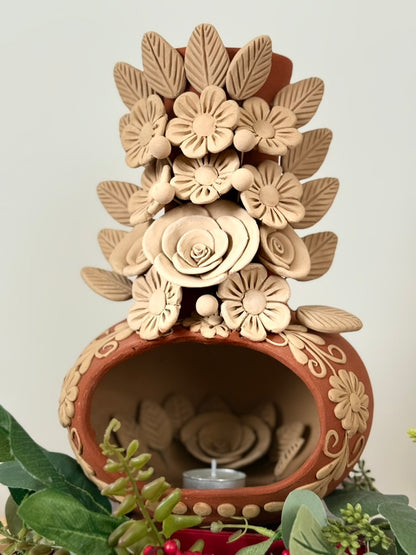 Handcrafted Clay Chimney Candle Holder with 3D Floral Detail