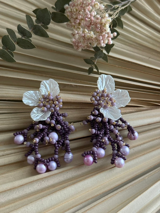 Beaded Mauve w/White Earrings