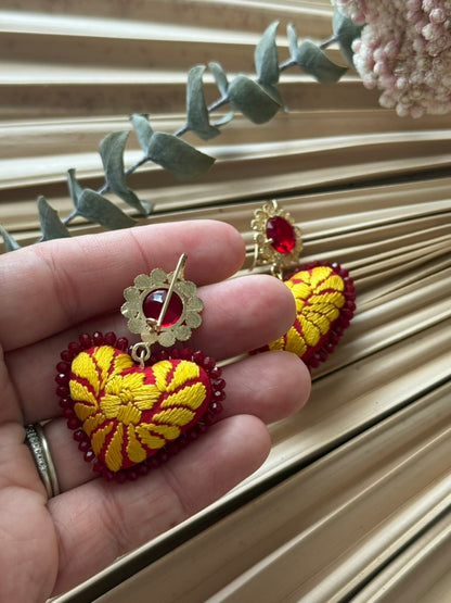 Hand Embroidered Heart Shaped Earrings - Red/Yellow