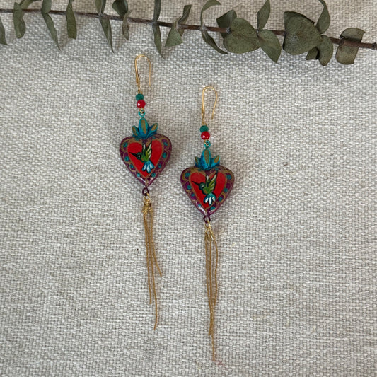 Green/Red Hummingbird Sacred Heart Long Earrings