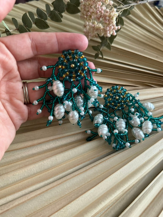 Beaded Teal/Gold Seashell Dangle Earrings
