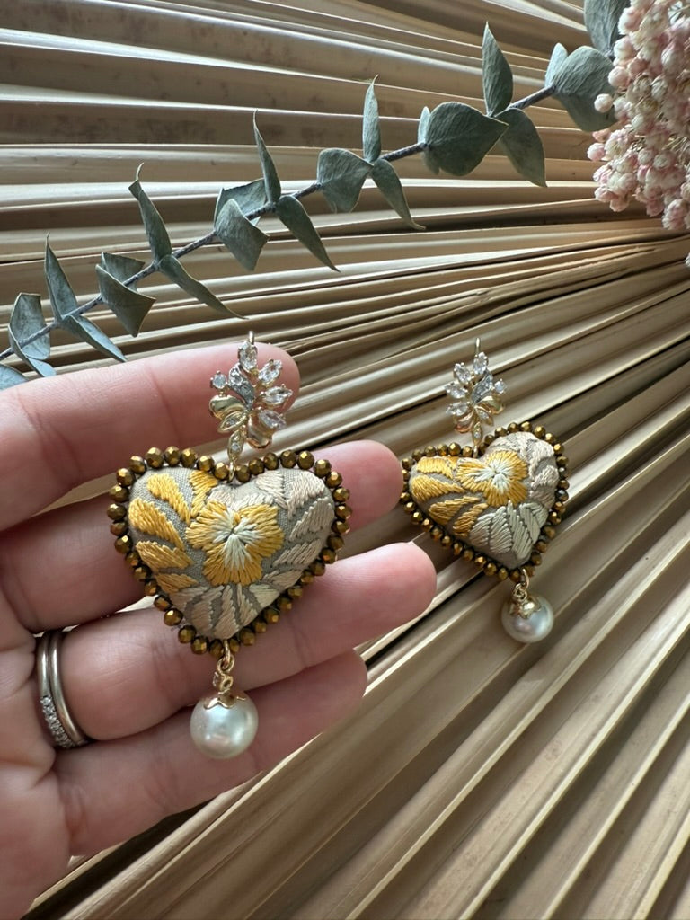 Hand Embroidered Heart Shaped Earrings - Multicolor Gold