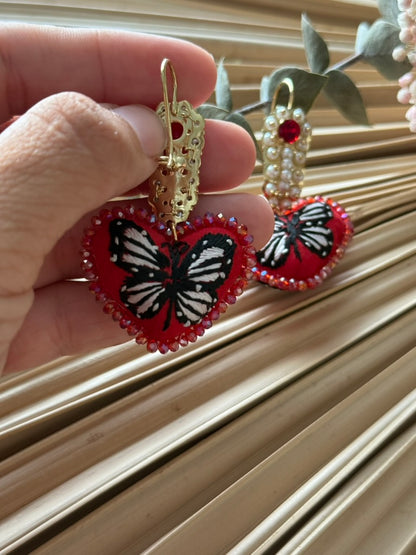 Hand Embroidered Heart Shaped Mariposa Earrings